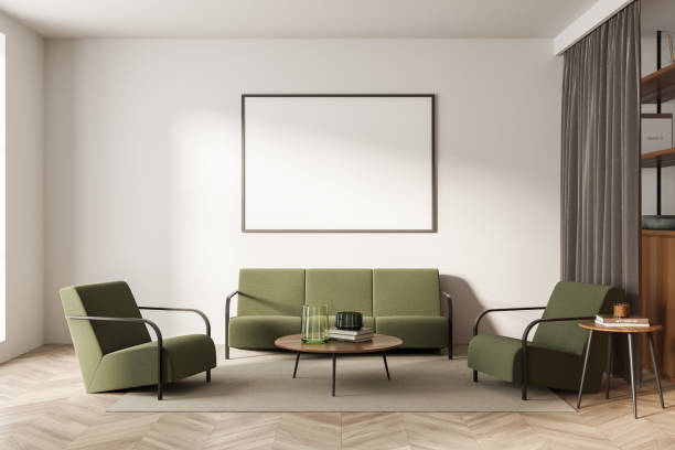 istock Bright living room interior with empty white poster, two armchairs 1358811262