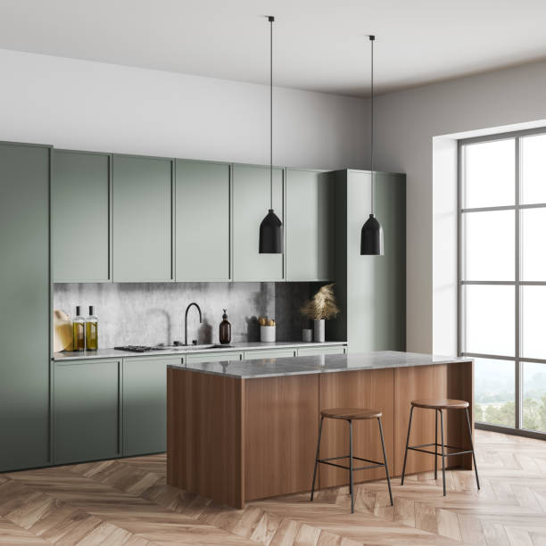 istock Light green kitchen set interior with table and two seats, shelves and window 1358811267