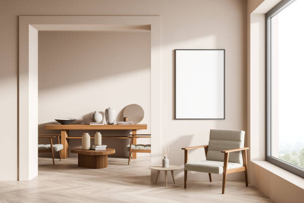 istock Bright living room interior with empty white poster, five armchairs 1358812087