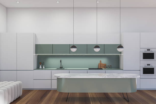 istock Bright kitchen room interior with bar counter, oak wooden floor 1358812174