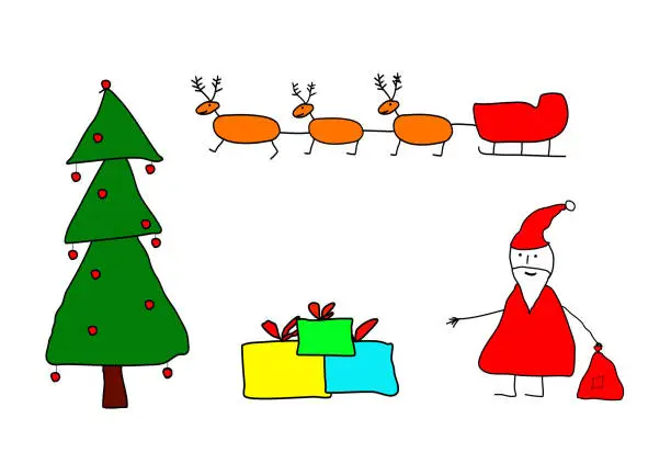 Vector illustration of Santa Claus arrived with his reindeer sleigh, and brings many gifts.