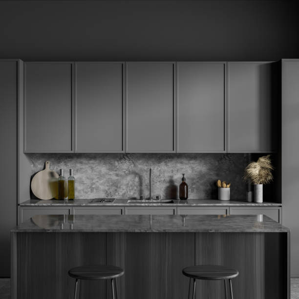 istock Dark kitchen set interior with deck and two seats, shelves and kitchenware 1358812383