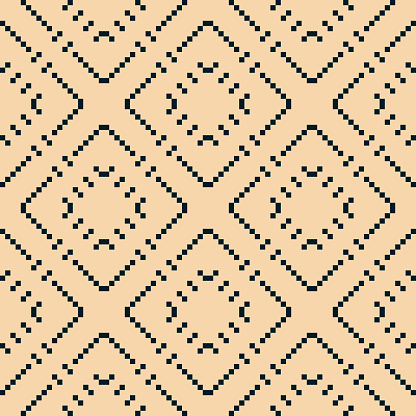 Vector geometric traditional Scandinavian ornament. Fair isle seamless pattern. Folklore ethnic motif. Simple ornamental texture with small squares, embroidery, knitting. Black and beige background
