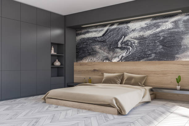 istock Dark bedroom interior with bed on parquet, shelf and decoration 1358812771
