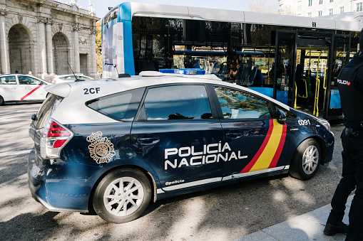Madrid, Spain - 28 November 2021: An hybrid Toyota Prius used by the Spanish Police (Policia Nacional) in Madrid, Spain