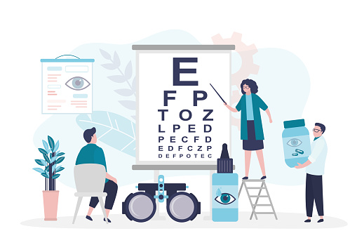 Doctor checks patient vision by snellen chart. Man on reception at ophthalmologist. Instruments for eye examination