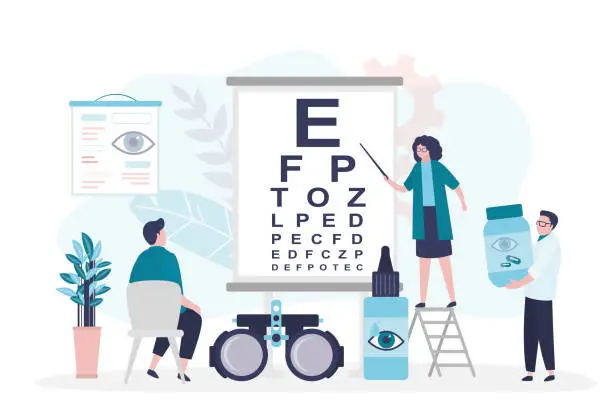 Vector illustration of Doctor checks patient vision by snellen chart. Man on reception at ophthalmologist. Instruments for eye examination