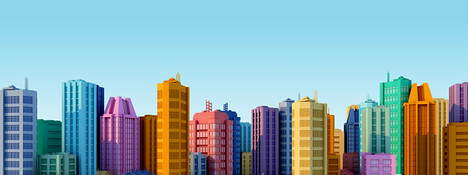 Urban view with colorful skyscrapers.The city background concept.3d rendering