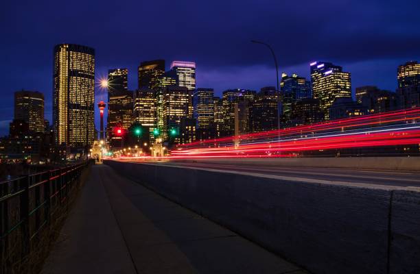 Nighttime Light Trails In Downtown Calgary stock photo