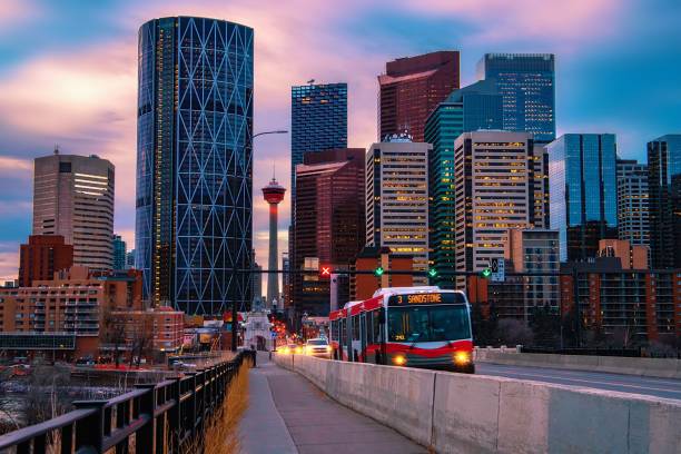 Downtown Calgary Commutes At Sunrise stock photo