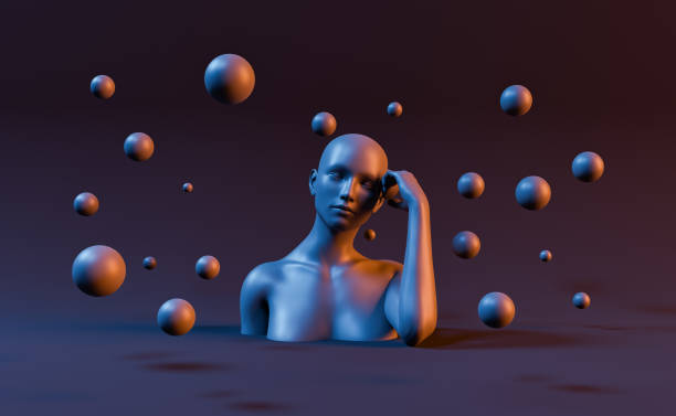 istock female bust with head resting on hand and metal spheres 1358822573