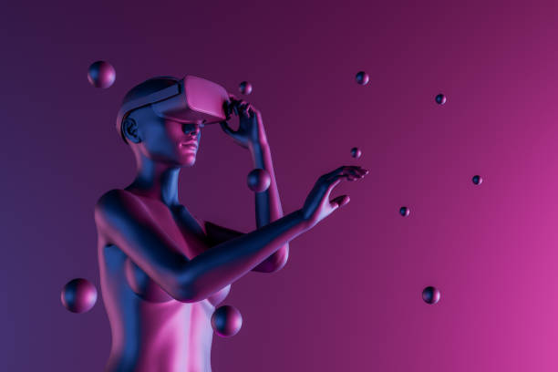istock 3d girl with virtual reality glasses and spheres around 1358822615