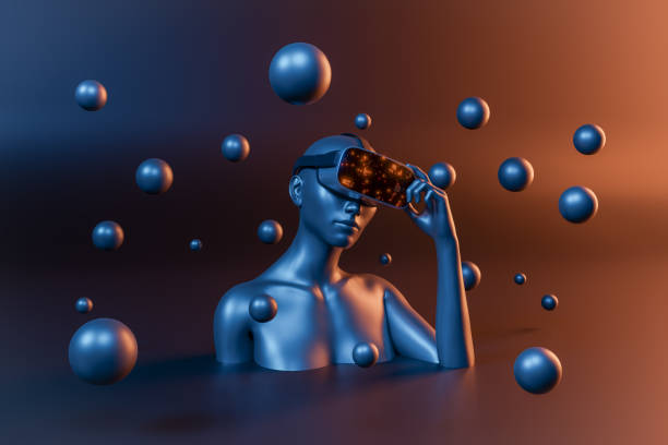 3d female bust with virtual reality goggles and spheres around
