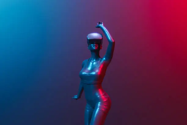 Photo of 3d girl dancing with virtual reality goggles and neon illumination