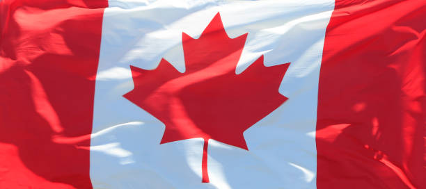 Canadian Flag waving in the wind background stock photo
