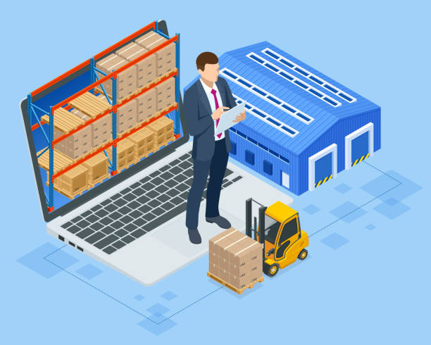 Isometric Smart warehouse management system. Concept of automatic logistics management. Packages are transported in high-tech Settings, Online shopping vector art illustration