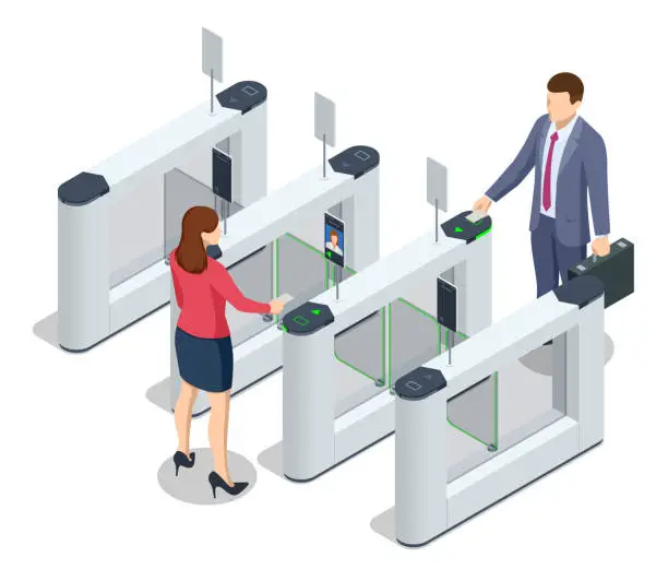 Vector illustration of Isometric Turnstile. Access control equipment. Magnetic card access turnstiles. Electronic turnstile. Automatic checkpoint. Building security