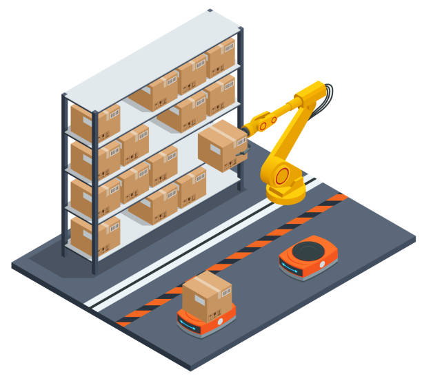 Isometric yellow robotic arm carry cardboard box in warehouse. Automated warehouse. Autonomous robot transportation in warehouses vector art illustration