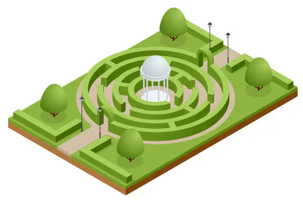 Vector illustration of Isometric Maze of bushes in botanical park. Green Hedge Maze or Labyrinth.