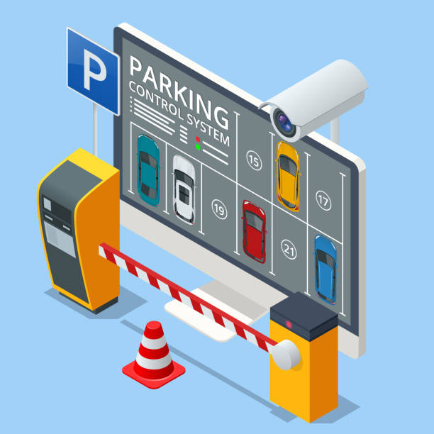 Isometric parking lot displayed on screen. Car park location. Online searching free parking place on the map. GPS Navigation. Smart parking concept with parking lot with cars vehicle carpark map. vector art illustration