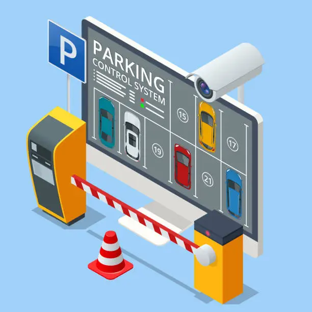 Vector illustration of Isometric parking lot displayed on screen. Car park location. Online searching free parking place on the map. GPS Navigation. Smart parking concept with parking lot with cars vehicle carpark map.