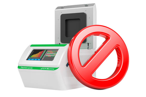 Prohibition symbol with PCR thermal cycler. 3D rendering isolated on white background