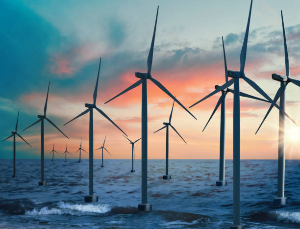 istock Floating wind turbines installed in sea. Alternative energy source 1358827664