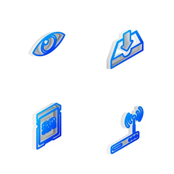 Vector illustration of Set Isometric line Download inbox, Eye, SD card and Router and wi-fi icon. Vector