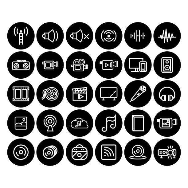 pliki audio ciągły zestaw ikon linii dźwiękowej - dvd player computer icon symbol icon set stock illustrations