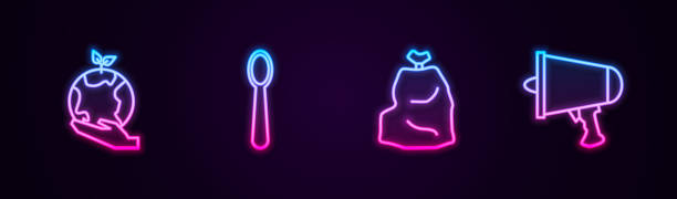 istock Set line Hand holding Earth globe, Disposable plastic spoon, Garbage bag and Spread the word, megaphone. Glowing neon icon. Vector 1358830089