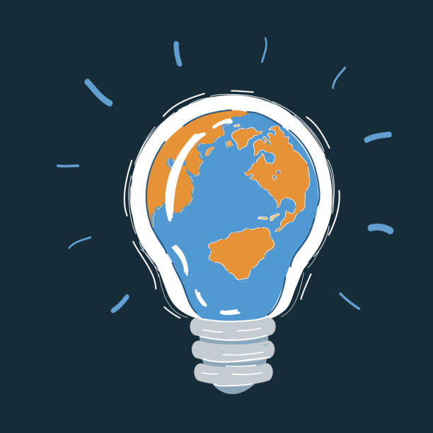 istock Vector illustration of an electric light bulb with a world globe on dark backround. 1358831432