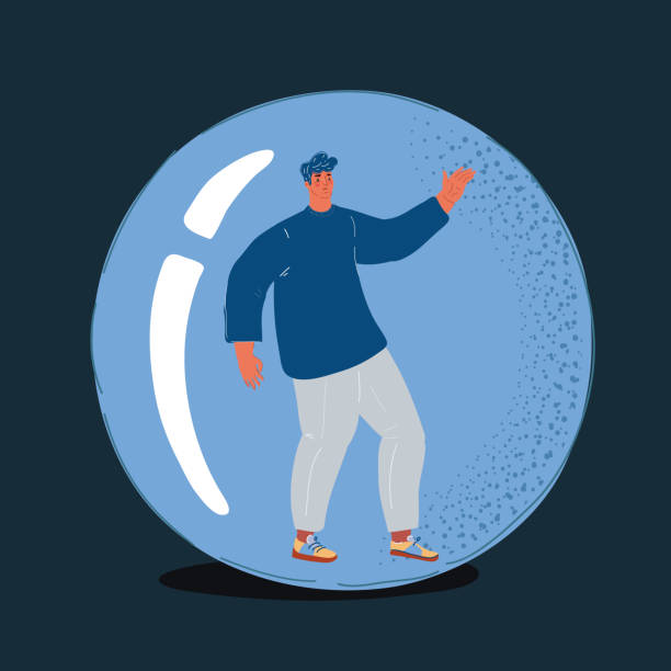 istock Vector illustration of man who is trapped inside of his world represented by bubble on dark background. 1358831440