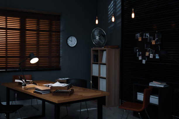 istock Detective office interior with evidence board on wall 1358833221