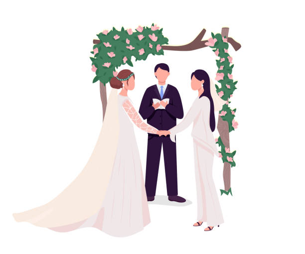 Brides at wedding semi flat color vector characters Brides at wedding semi flat color vector characters. Standing figures. Full body people on white. Marriage isolated modern cartoon style illustration for graphic design and animation wedding cartoon stock illustrations