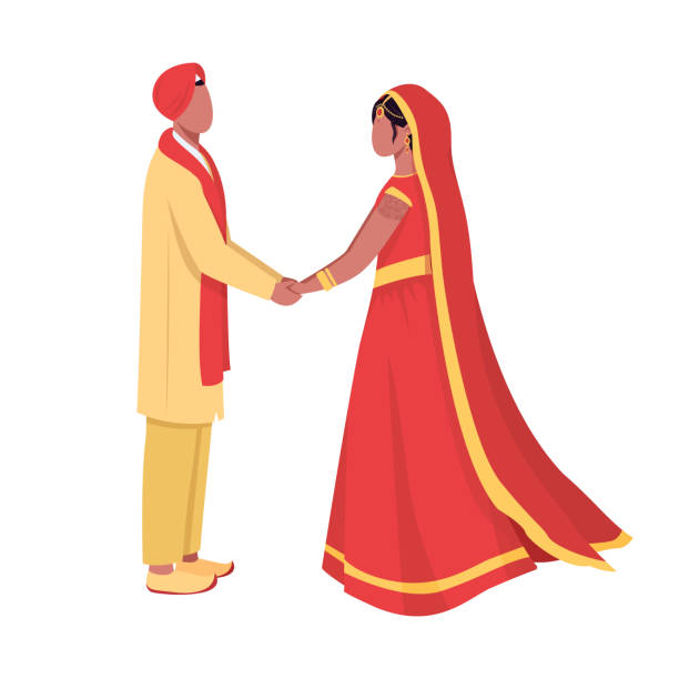 illustrazioni stock, clip art, cartoni animati e icone di tendenza di sposi in abbigliamento tradizionale caratteri vettoriali di colore semi piatto - saree