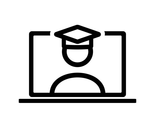 illustrations, cliparts, dessins animés et icônes de symbole de graduation virtuel. icône de cérémonie virtuelle en ligne. signe d’apprentissage en ligne. - party hat silhouette symbol computer icon