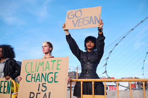 Activistas del cambio climático y los derechos de los animales en la calle protestando con pancartas. photo