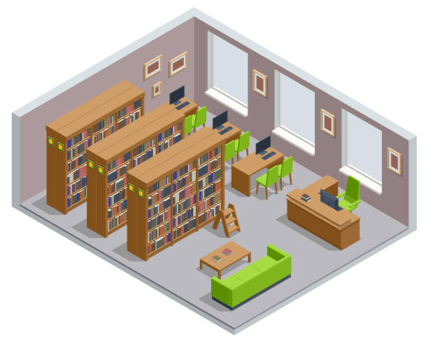 ilustrações de stock, clip art, desenhos animados e ícones de isometric bookshelves in the library. books in public library. learning and education concept. technology e-learning school - book backgrounds law bookshelf