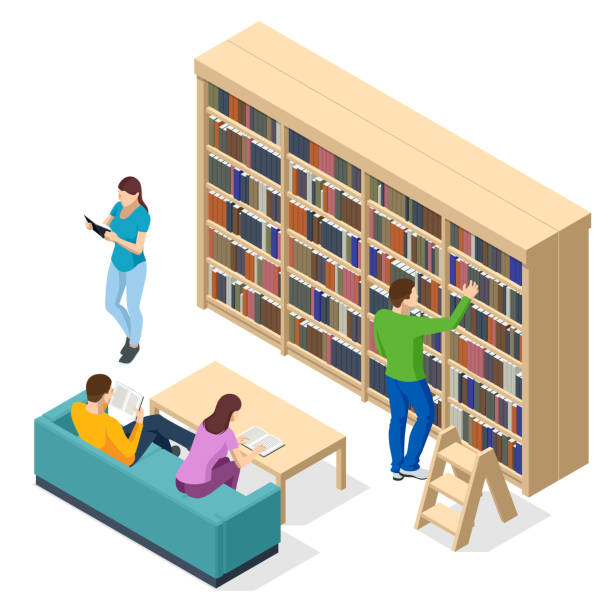 ilustrações de stock, clip art, desenhos animados e ícones de isometric bookshelves in the library. books in public library. learning and education concept. people studying together at the library - book backgrounds law bookshelf
