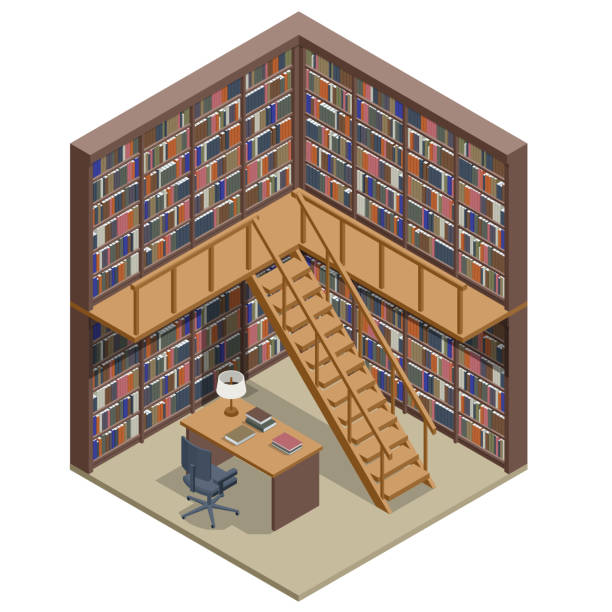 ilustrações de stock, clip art, desenhos animados e ícones de isometric bookshelves in the library. books in public library. learning and education concept. - book backgrounds law bookshelf