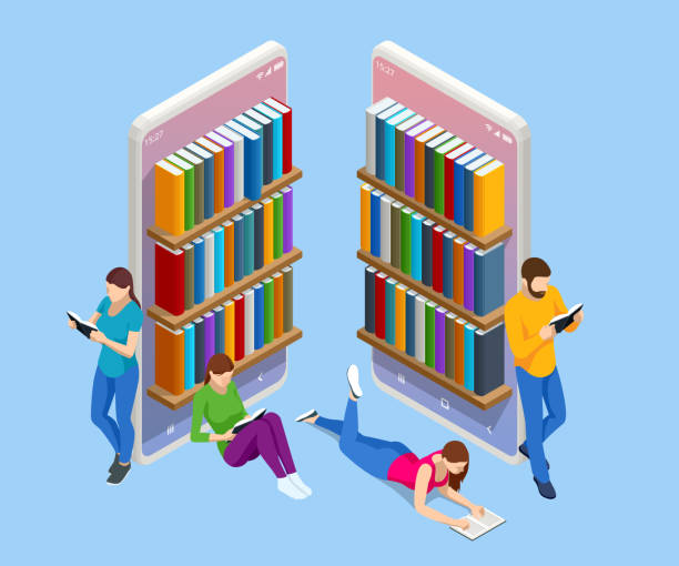 ilustrações, clipart, desenhos animados e ícones de aplicativo de biblioteca online isometric para leitura, conceito de livrarias. e-learning em casa online estudando em smartphone. - book backgrounds law bookshelf