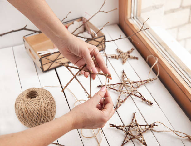 istock Christmas stars from branches and jute rope, Make stars with your own hands. Master Class. 1358835665