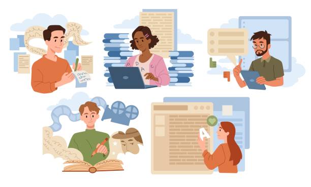 Professional Writers set Professional Writers set. Young men and women write interesting articles, novels or fairy tales. Bloggers or journalists at work. Creative text. Cartoon flat collection isolated on white background man writing stock illustrations