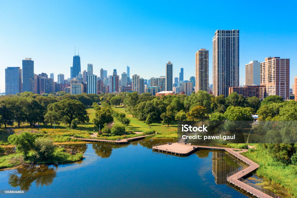 Aerial view of Lincoln Park neighbourhood with Chicago skyline Chicago - Illinois Stock Photo