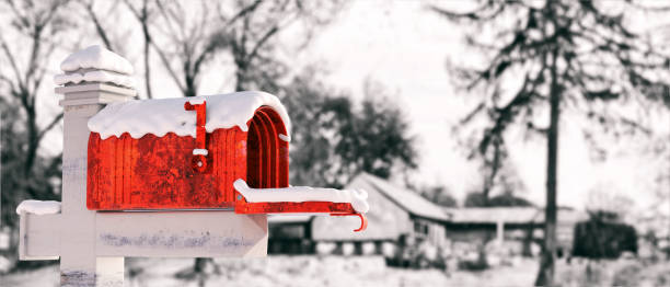 istock Snow covered mailbox, blur snowed country house background. Empty red postbox open. 3d illustration 1358837847