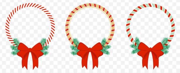 Circle frame candy cane with fir branches. Red bow Christmas border. Isolated vector illustration, flat style. Circle frame candy cane with fir branches. Red bow Christmas border. Isolated vector illustration, flat style. bow hair bow ribbon gold stock illustrations