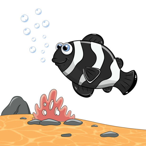 Sea Fish Swimming And Blowing Bubbles Cartoon Black Fish Isolated On Sea  Landscape Marine Underwater World With Plants On Sand And Color Fish  Template Of Cute Ocean Fish Design In Cartoon Style