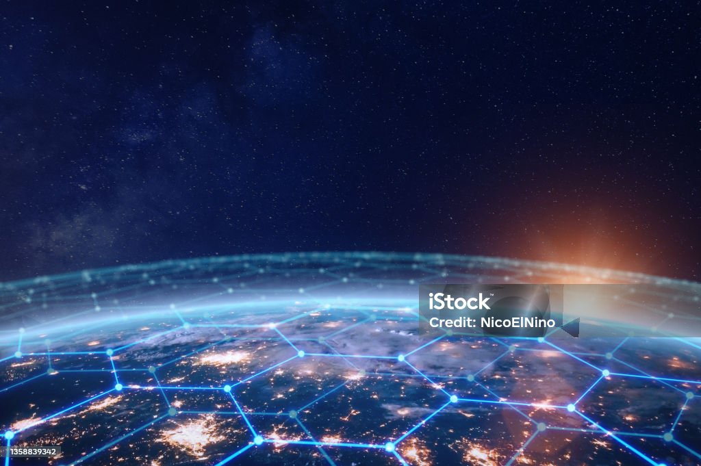 Communication network above Earth for global business and finance digital exchange. Internet of things (IoT), blockchain, smart connected cities, futuristic technology concept. Satellite view. Technology Stock Photo