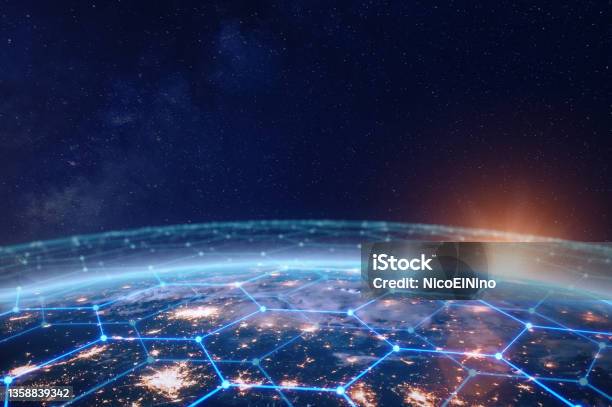 Communication Network Above Earth For Global Business And Finance Digital Exchange Internet Of Things Blockchain Smart Connected Cities Futuristic Technology Concept Satellite View Stock Photo - Download Image Now