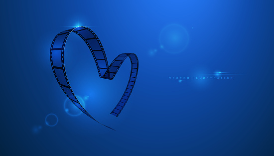 Film strip in the shape of a heart on a blue background with a lens effect. Vector illustration